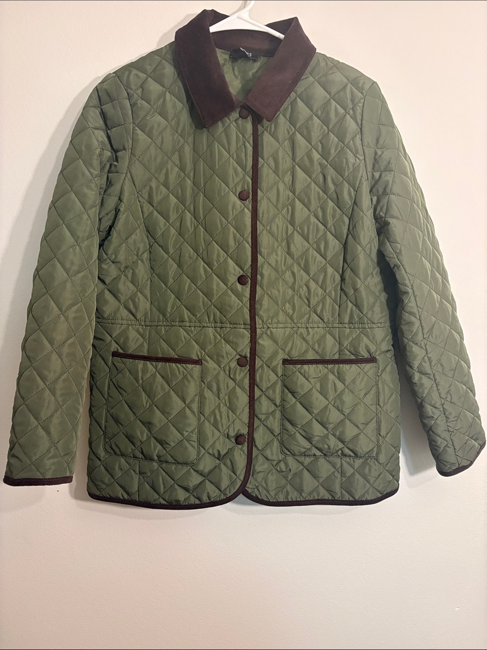 Jones New York Green Quilted Jacket with Brown corduroy Trim